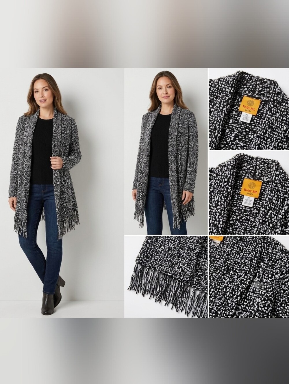 Ruby Rd. Petite Open Front Fringe Knit Cardigan